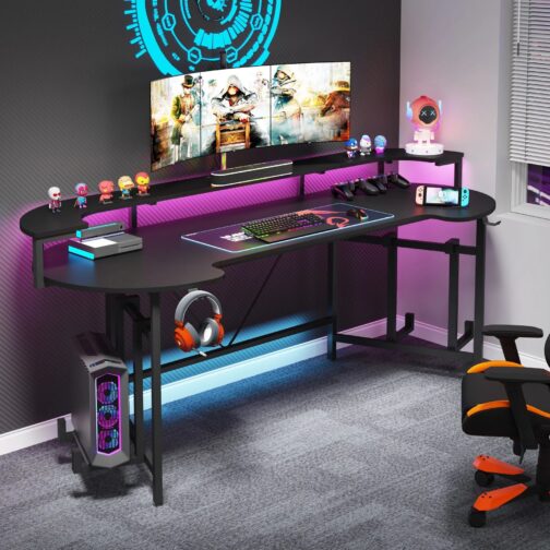 ⁦75" Gaming Desk Computer Desk with LED Strip & Monitor Shelf⁩ - الصورة ⁦3⁩