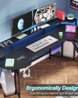 75″ Gaming Desk Computer Desk with LED Strip & Monitor Shelf
