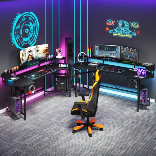 ⁦75" Gaming Desk Computer Desk with LED Strip & Monitor Shelf⁩ - الصورة ⁦7⁩